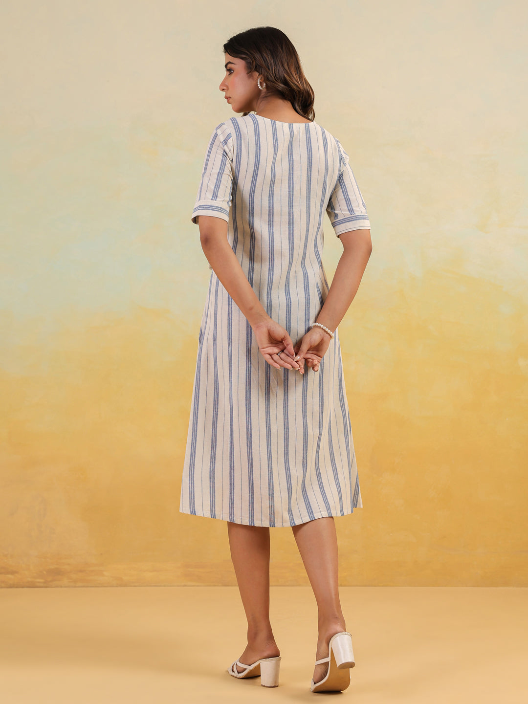Women's White & Blue Cotton Striped Button Down A-line Dress