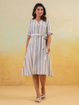 Women's White & Blue Cotton Striped Button Down A-line Dress