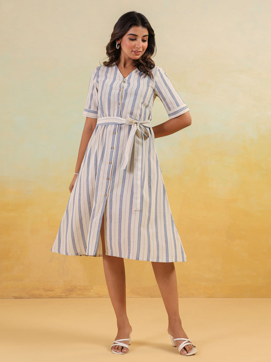 Women's White & Blue Cotton Striped Button Down A-line Dress