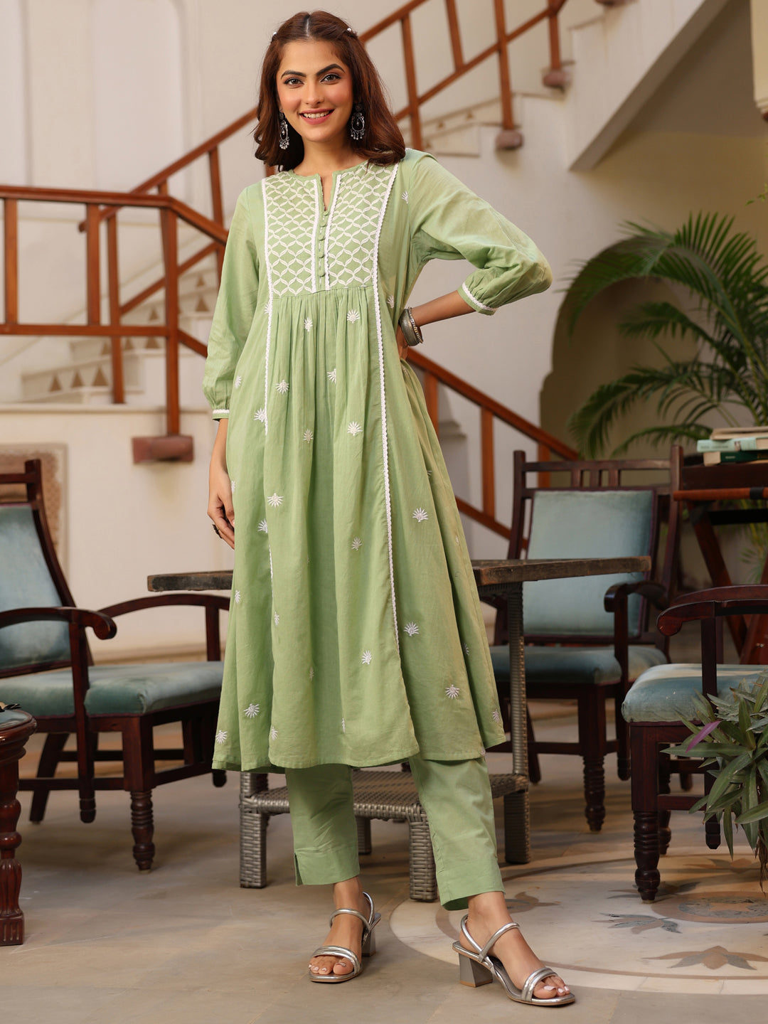 Light Green Pure Cotton Embroidered A-line Kurta Pant Set