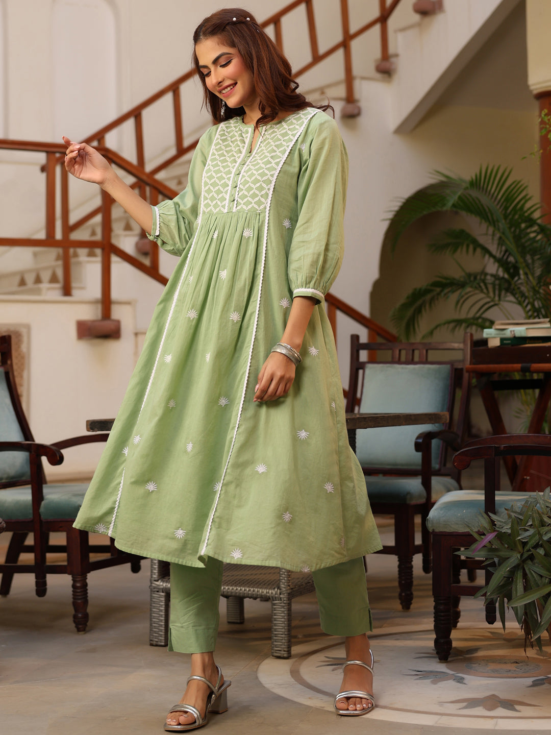 Light Green Pure Cotton Embroidered A-line Kurta Pant Set