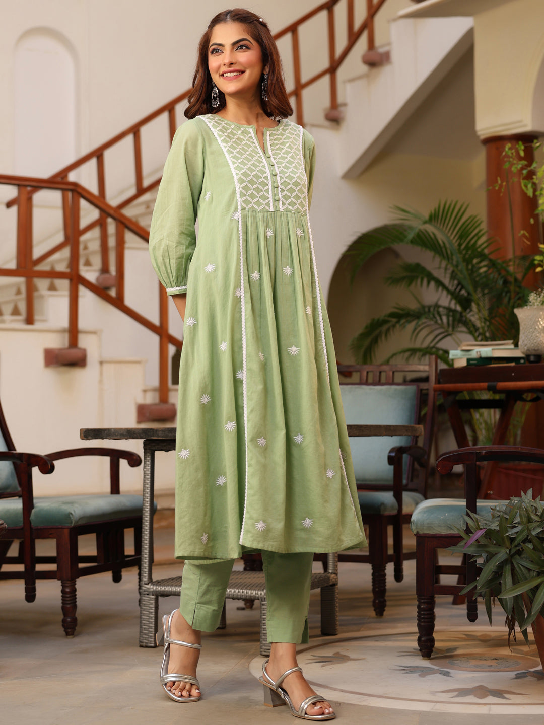 Light Green Pure Cotton Embroidered A-line Kurta Pant Set