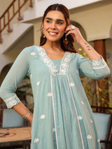 Light Blue Pure Cotton Embroidered A-line Kurta Pant Set