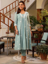 Light Blue Pure Cotton Embroidered A-line Kurta Pant Set