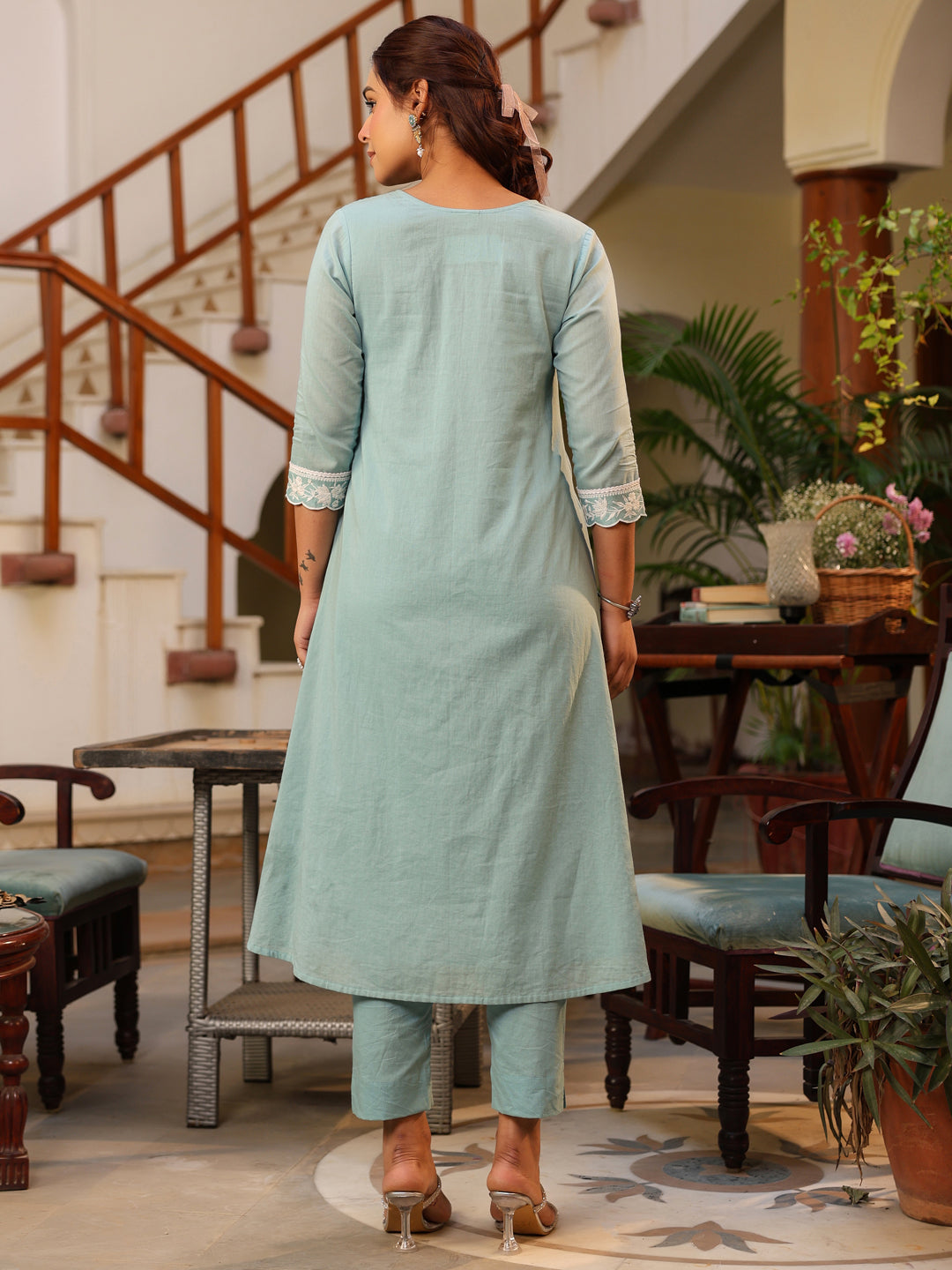 Light Blue Pure Cotton Embroidered A-line Kurta Pant Set
