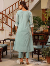 Light Blue Pure Cotton Embroidered A-line Kurta Pant Set