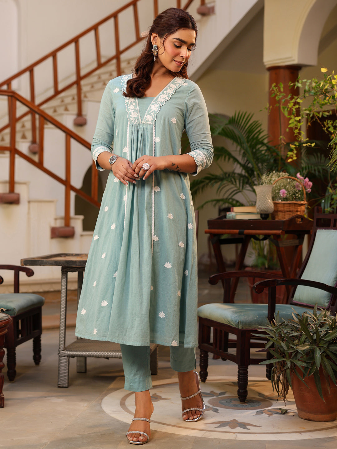 Light Blue Pure Cotton Embroidered A-line Kurta Pant Set