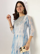 Blue Silk Blend Tie & Dye Yoke Embroidered Straight Kurta Pant Set