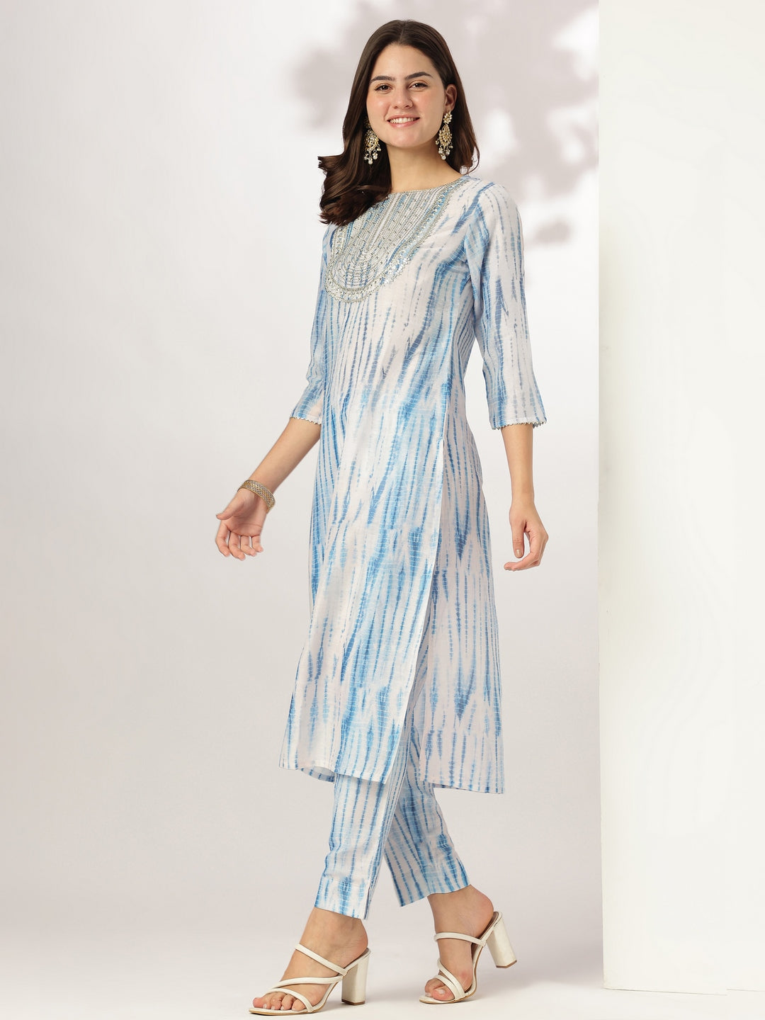 Blue Silk Blend Tie & Dye Yoke Embroidered Straight Kurta Pant Set