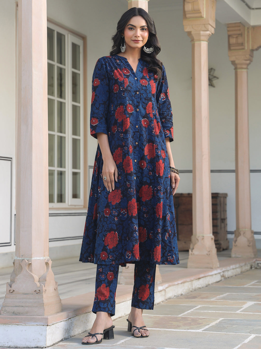 Navy Blue Pure Cotton Floral Printed A-line Kurta Pant Set