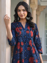 Navy Blue Pure Cotton Floral Printed A-line Kurta Pant Set