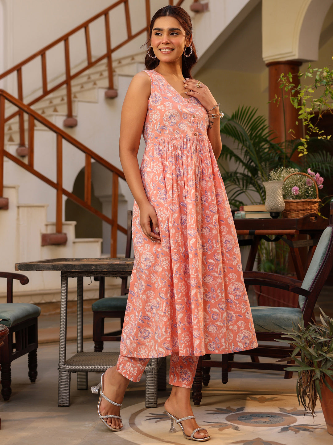 Coral Pure Cotton Floral Printed A-line Kurta Pant Set