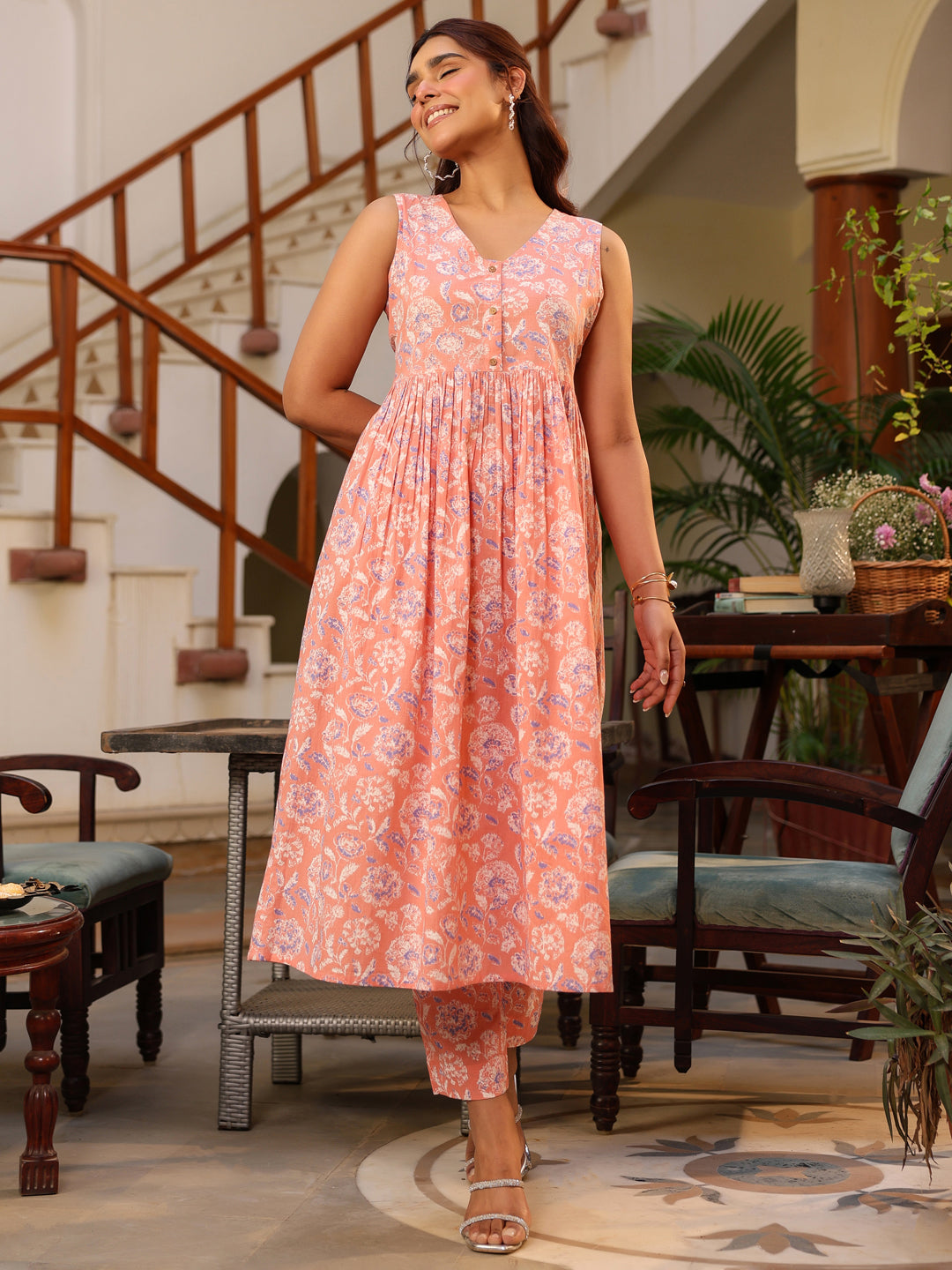 Coral Pure Cotton Floral Printed A-line Kurta Pant Set