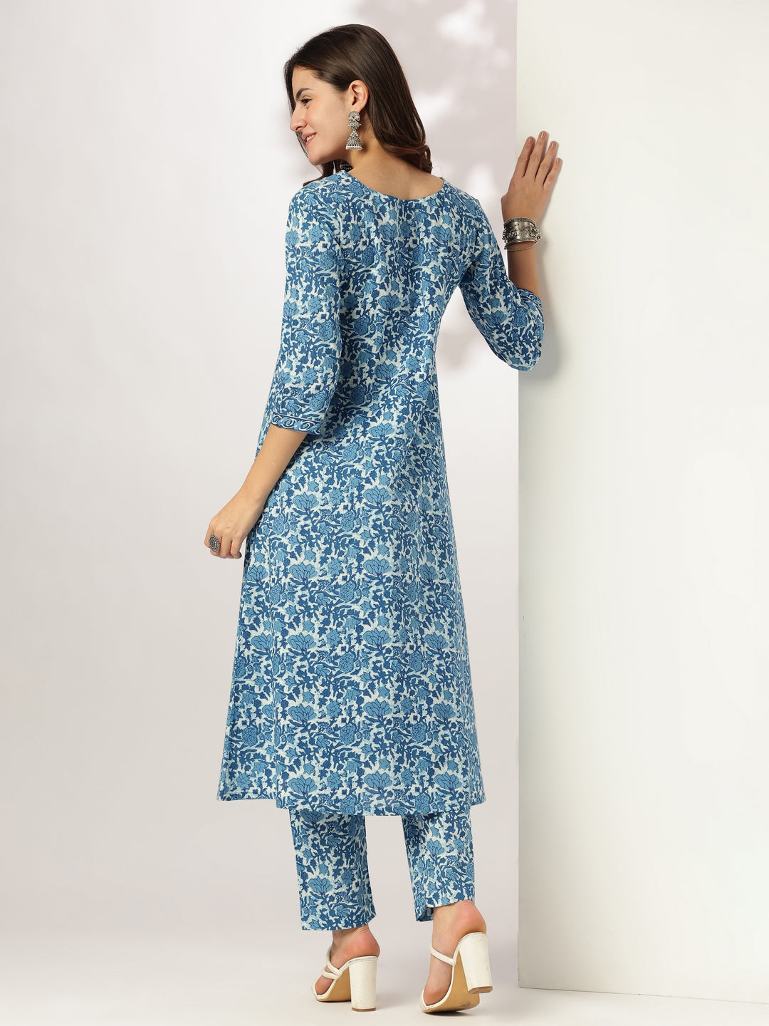 Women's Indigo Pure Cotton Floral Printed A-line Kurta Pant Set