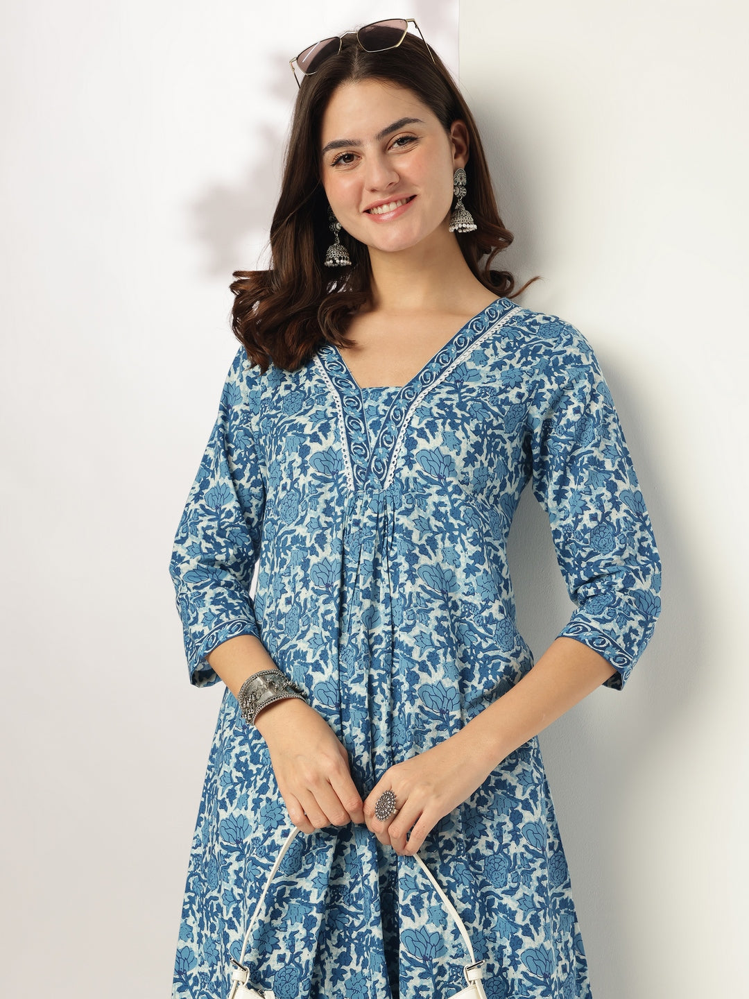 Women's Indigo Pure Cotton Floral Printed A-line Kurta Pant Set