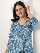 Women's Indigo Pure Cotton Floral Printed A-line Kurta Pant Set
