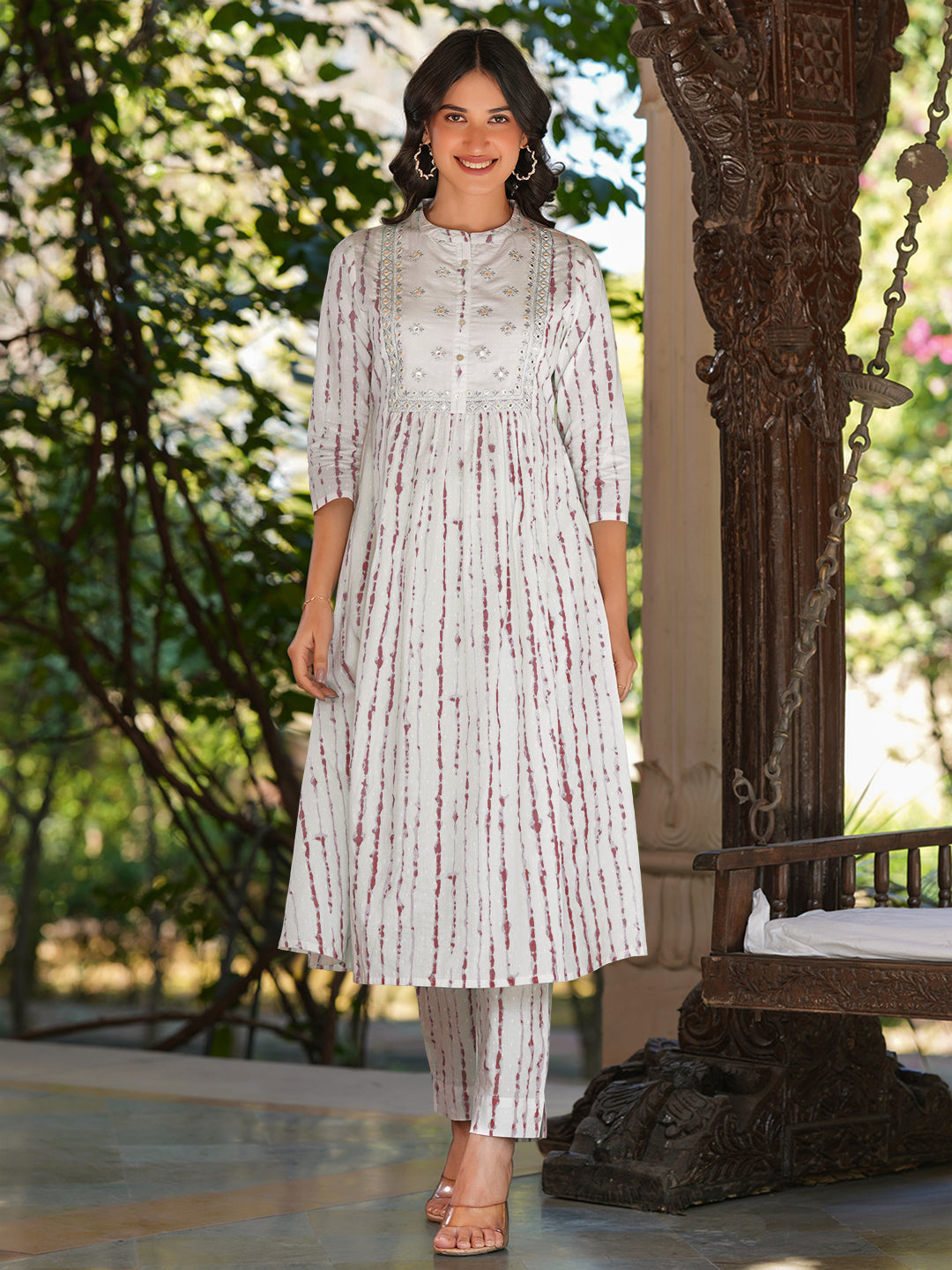 Women's White Pure Cotton Tie & Dye With Mirror Work A-line Kurta Pant Set
