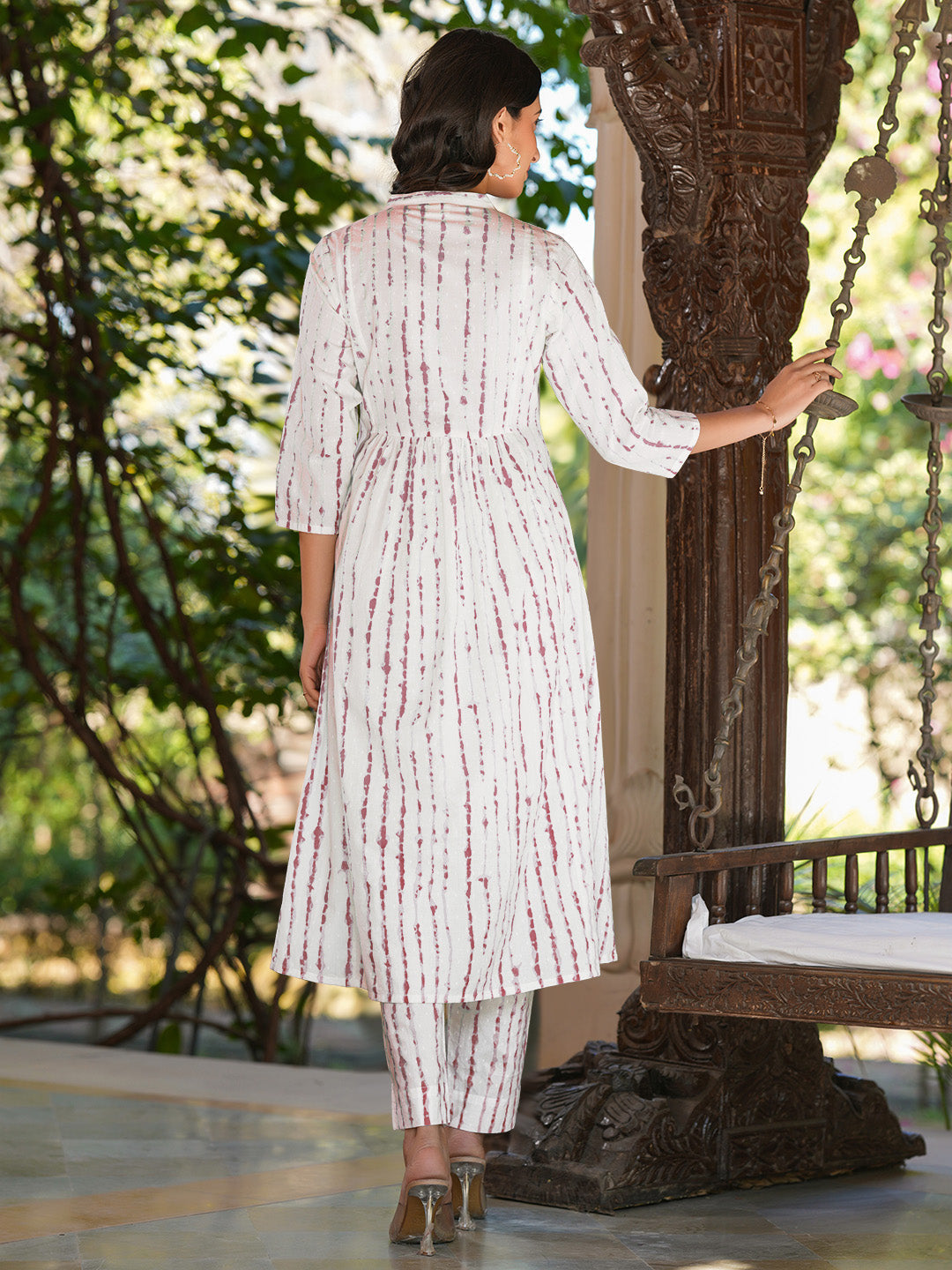 Women's White Pure Cotton Tie & Dye With Mirror Work A-line Kurta Pant Set