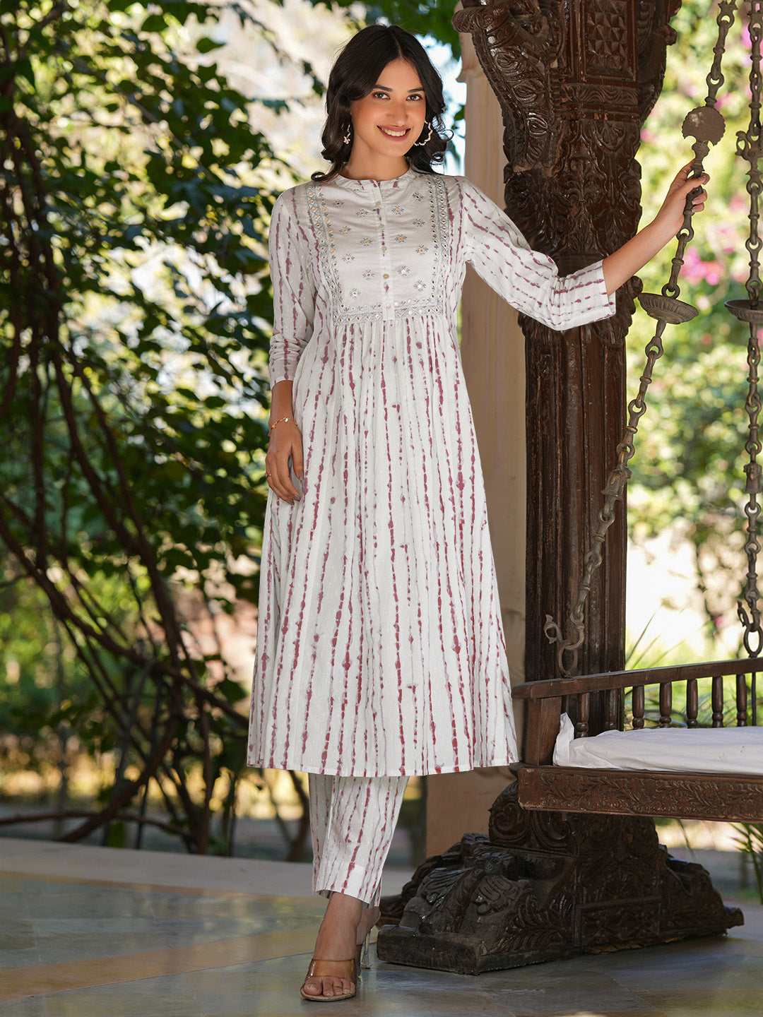 Women's White Pure Cotton Tie & Dye With Mirror Work A-line Kurta Pant Set
