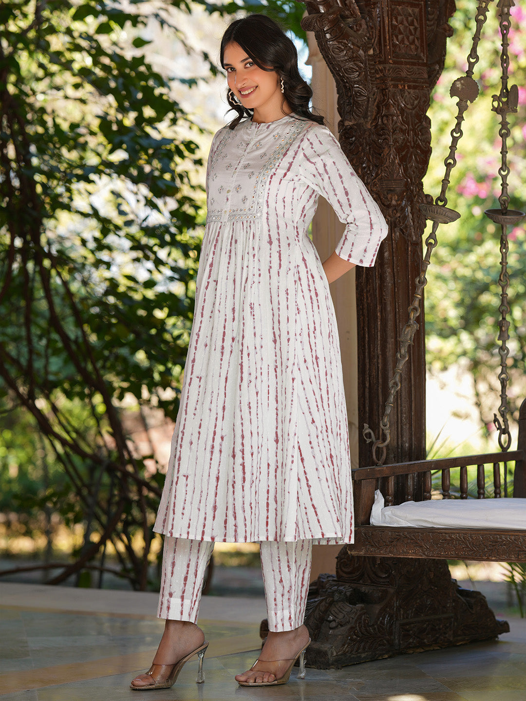 Women's White Pure Cotton Tie & Dye With Mirror Work A-line Kurta Pant Set
