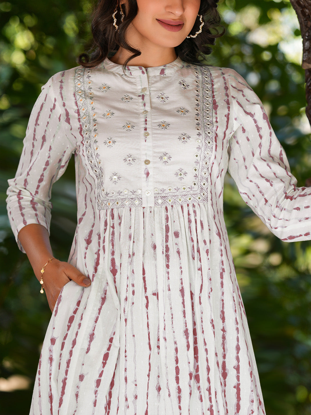 Women's White Pure Cotton Tie & Dye With Mirror Work A-line Kurta Pant Set