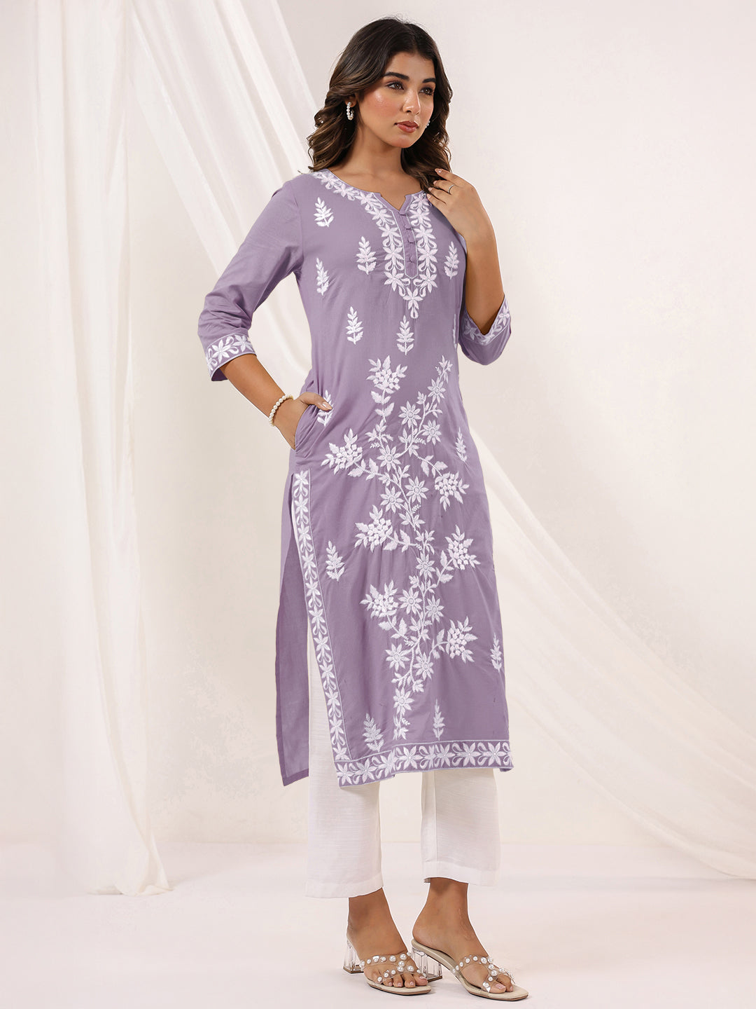 Women's Light Purple Pure Cotton Embroidered Straight Kurta