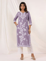 Women's Light Purple Pure Cotton Embroidered Straight Kurta