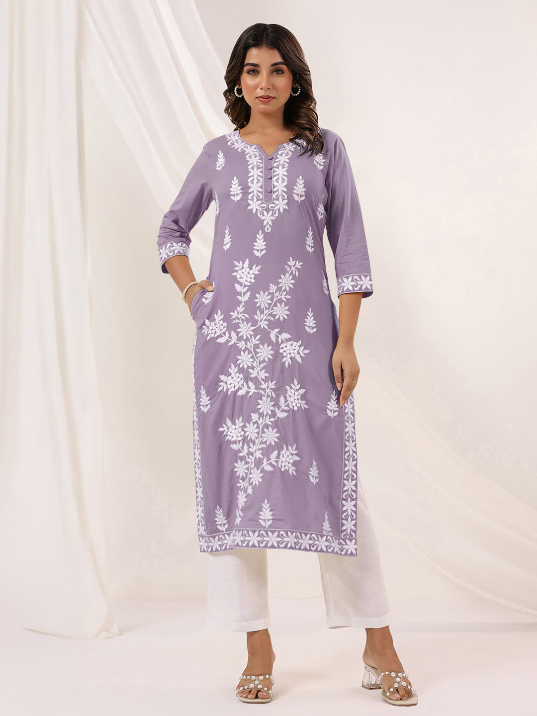 Women's Light Purple Pure Cotton Embroidered Straight Kurta