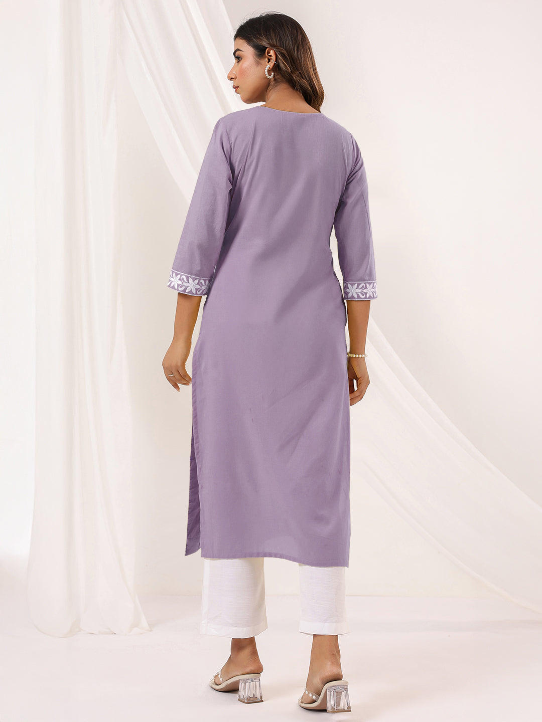 Women's Light Purple Pure Cotton Embroidered Straight Kurta