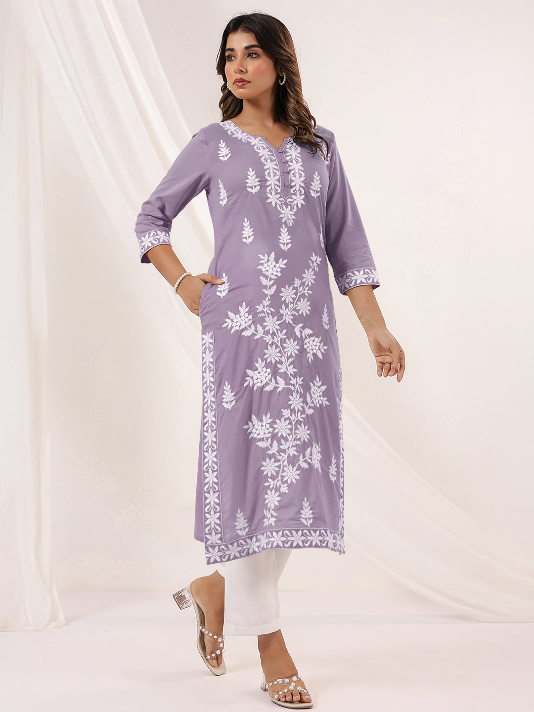 Women's Light Purple Pure Cotton Embroidered Straight Kurta
