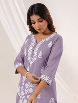 Women's Light Purple Pure Cotton Embroidered Straight Kurta