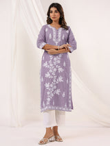 Women's Light Purple Pure Cotton Embroidered Straight Kurta
