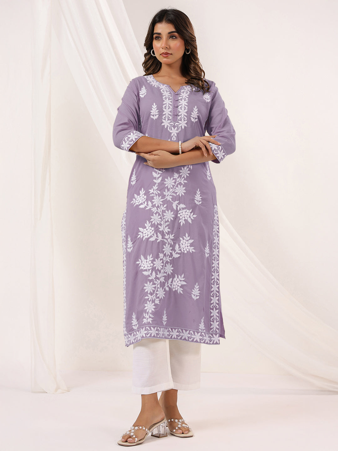 Women's Light Purple Pure Cotton Embroidered Straight Kurta