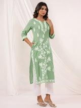 Women's Light Green Pure Cotton Embroidered Straight Kurta