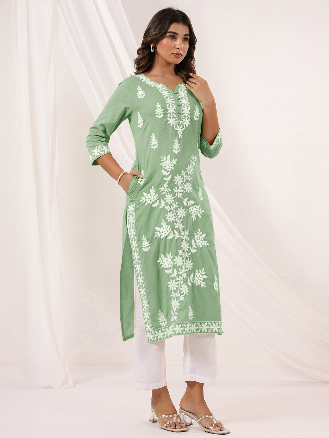 Women's Light Green Pure Cotton Embroidered Straight Kurta