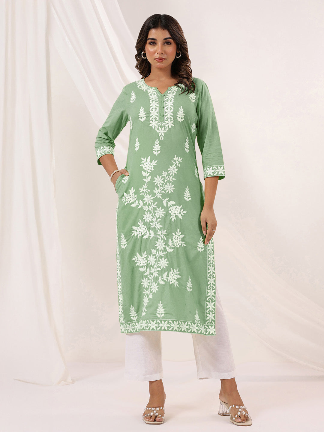 Women's Light Green Pure Cotton Embroidered Straight Kurta
