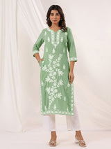 Women's Light Green Pure Cotton Embroidered Straight Kurta