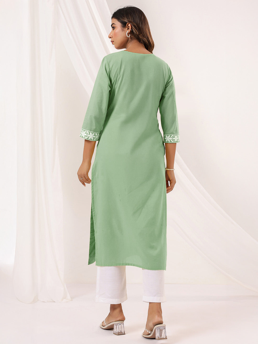 Women's Light Green Pure Cotton Embroidered Straight Kurta