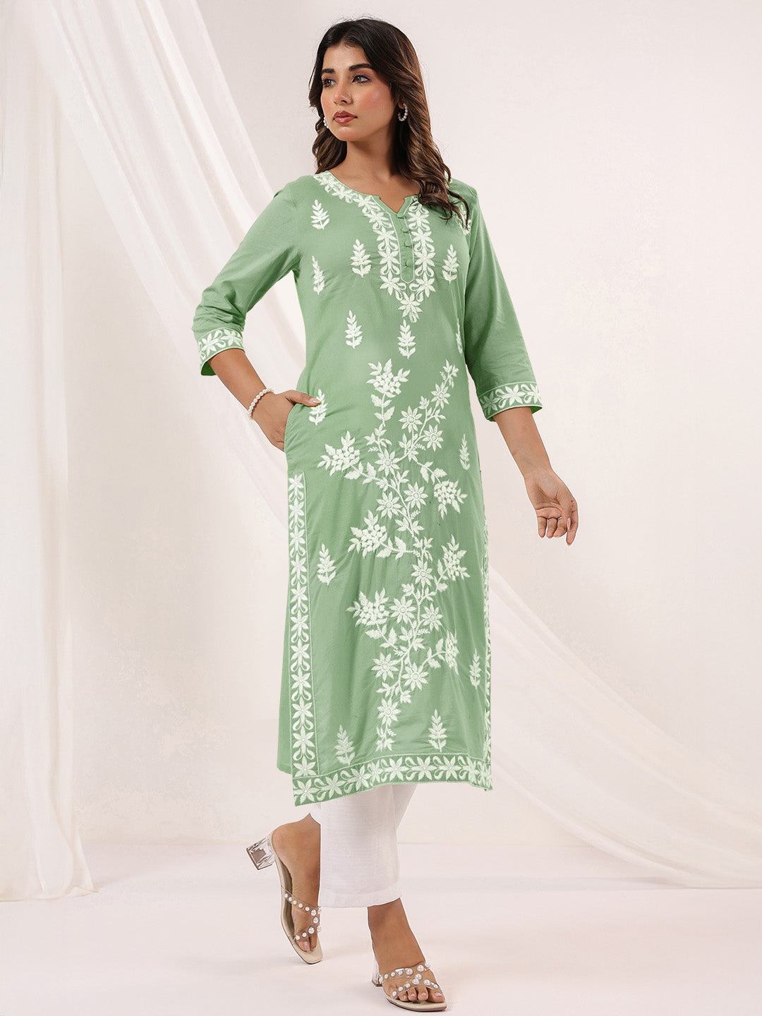 Women's Light Green Pure Cotton Embroidered Straight Kurta