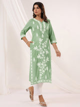 Women's Light Green Pure Cotton Embroidered Straight Kurta