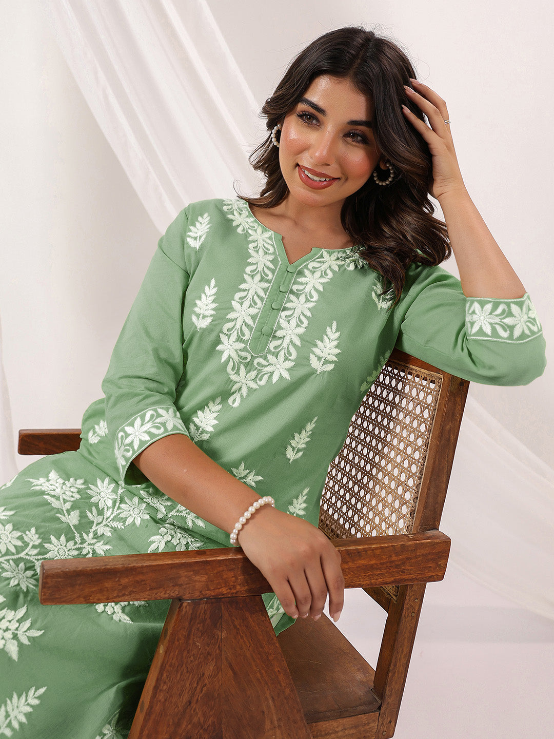Women's Light Green Pure Cotton Embroidered Straight Kurta