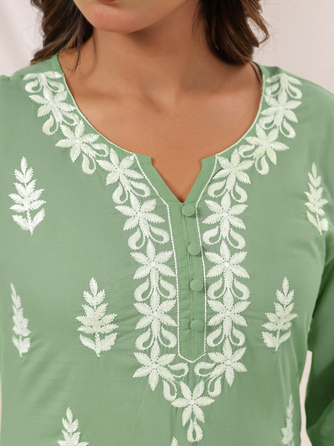 Women's Light Green Pure Cotton Embroidered Straight Kurta