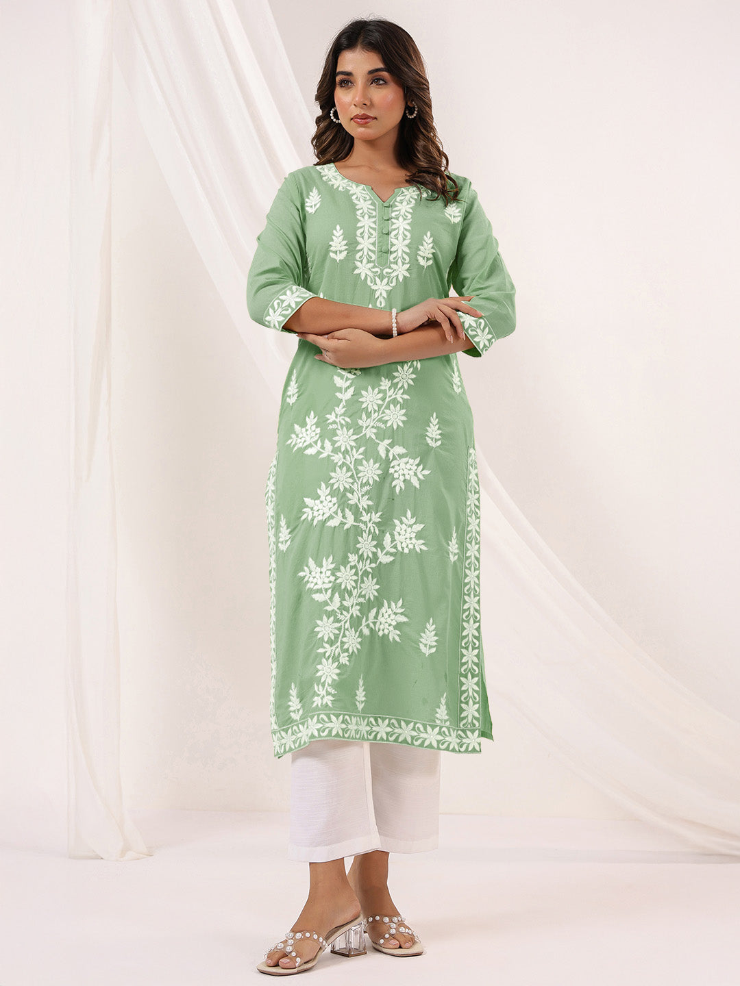 Women's Light Green Pure Cotton Embroidered Straight Kurta