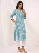 Women's Light Blue Pure Cotton Embroidered Straight Kurta