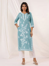 Women's Light Blue Pure Cotton Embroidered Straight Kurta