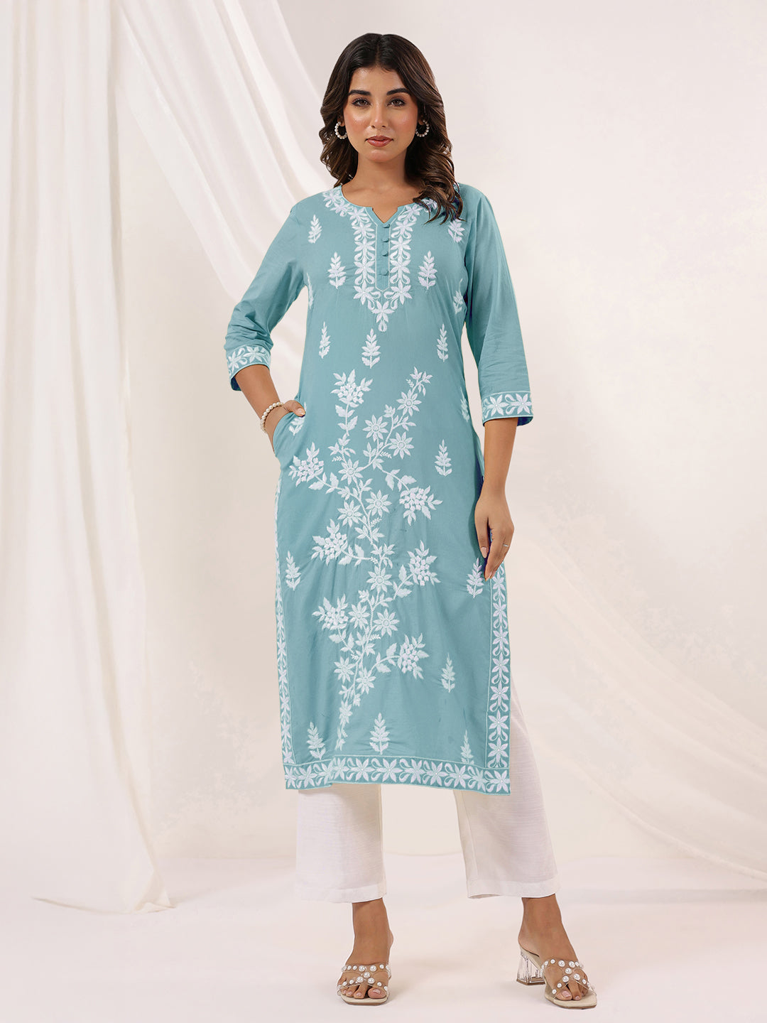 Women's Light Blue Pure Cotton Embroidered Straight Kurta