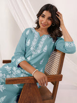 Women's Light Blue Pure Cotton Embroidered Straight Kurta