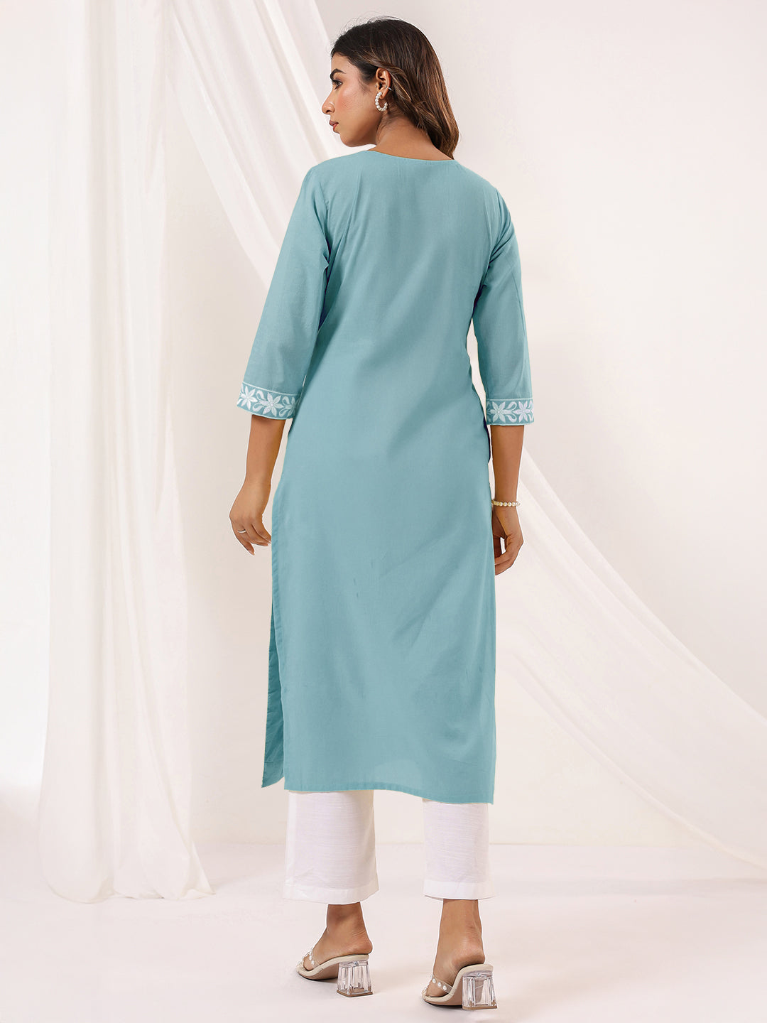 Women's Light Blue Pure Cotton Embroidered Straight Kurta
