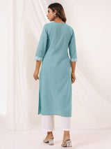 Women's Light Blue Pure Cotton Embroidered Straight Kurta