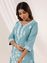 Women's Light Blue Pure Cotton Embroidered Straight Kurta